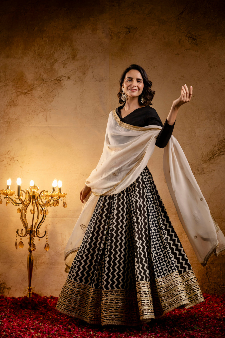 Black Gota Lace Embellished Cotton Lehenga with Black Cotton Silk Blouse and Ivory Embroidered Organza Dupatta