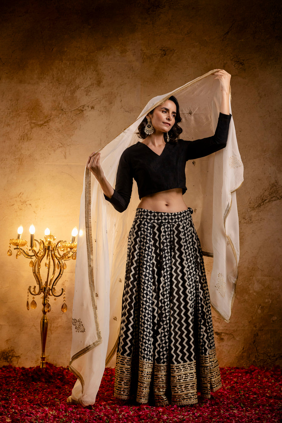 Black Gota Lace Embellished Cotton Lehenga with Black Cotton Silk Blouse and Ivory Embroidered Organza Dupatta