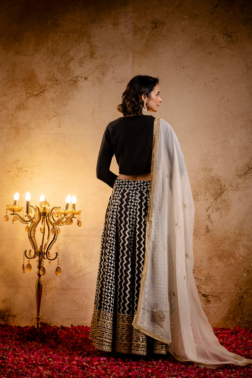 Black Gota Lace Embellished Cotton Lehenga with Black Cotton Silk Blouse and Ivory Embroidered Organza Dupatta