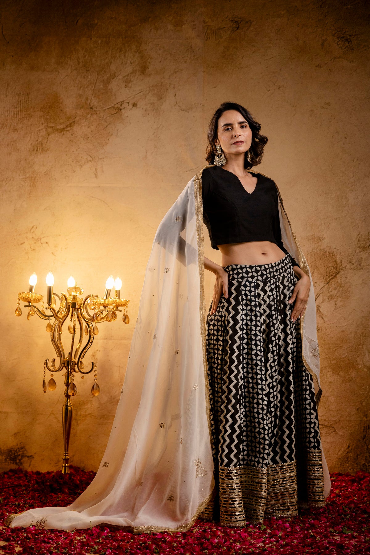 Black Gota Lace Embellished Cotton Lehenga with Black Cotton Silk Blouse and Ivory Embroidered Organza Dupatta