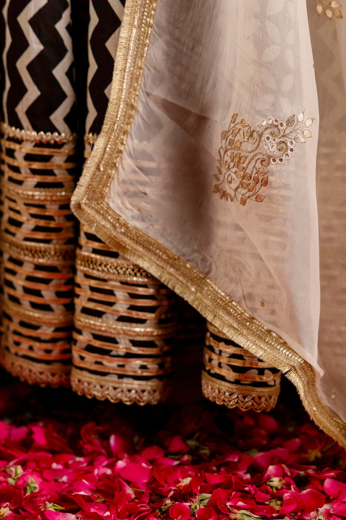Black Gota Lace Embellished Cotton Lehenga with Black Cotton Silk Blouse and Ivory Embroidered Organza Dupatta