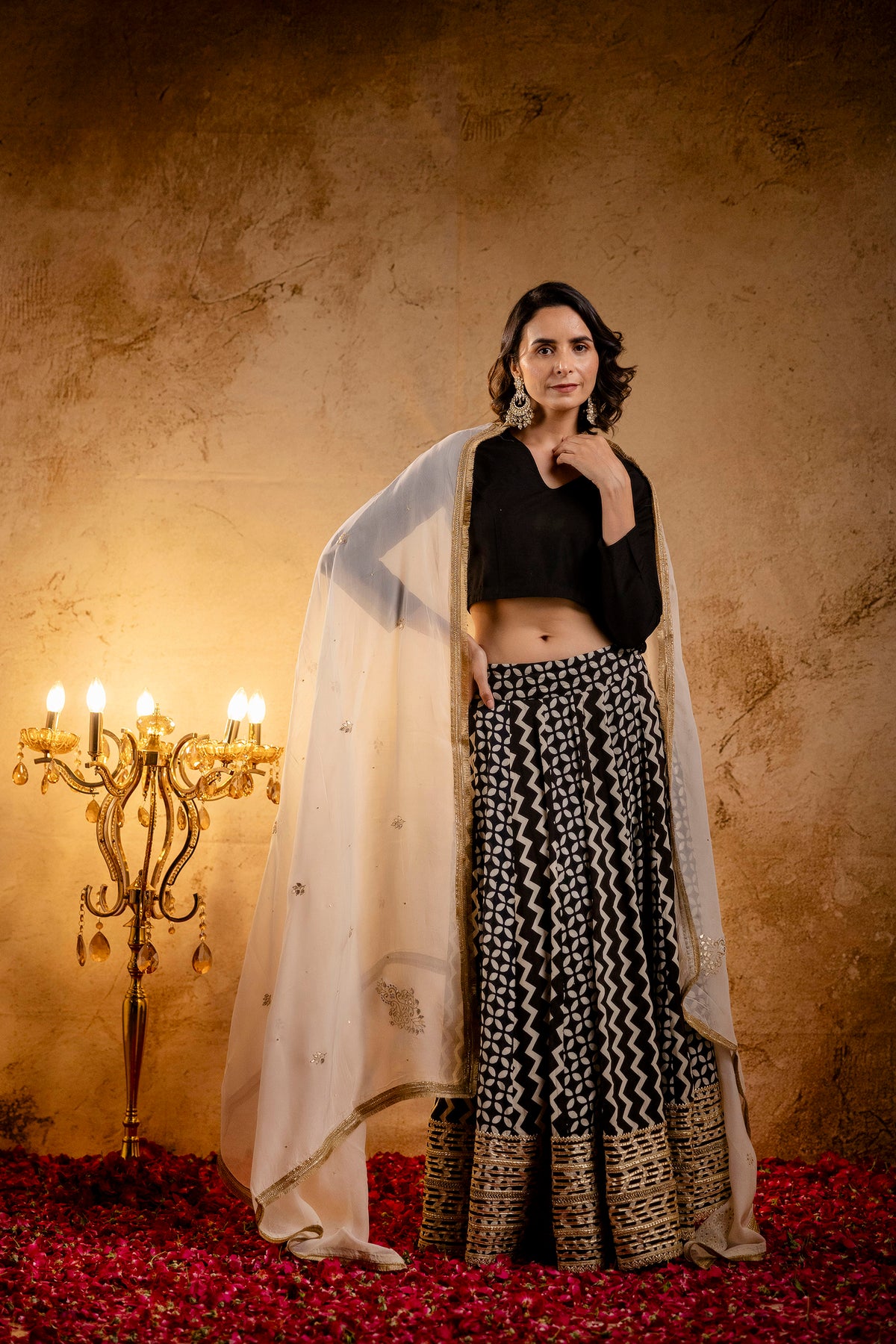 Black Gota Lace Embellished Cotton Lehenga with Black Cotton Silk Blouse and Ivory Embroidered Organza Dupatta
