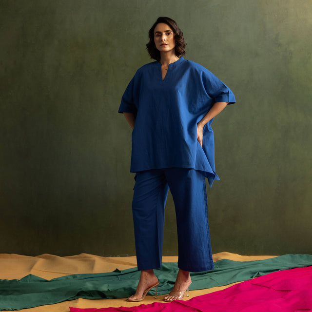 Royal Blue Cotton Linen Kaftan Style Co-Ord Set