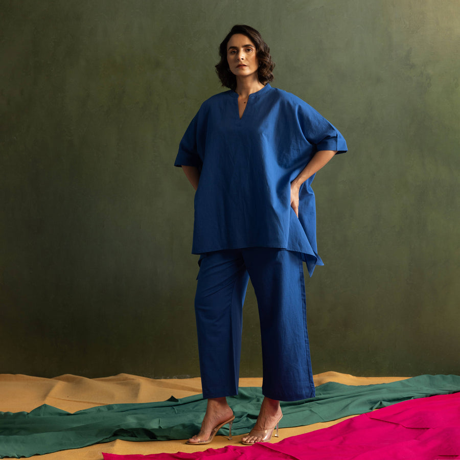 Royal Blue Cotton Linen Kaftan Style Co-Ord Set