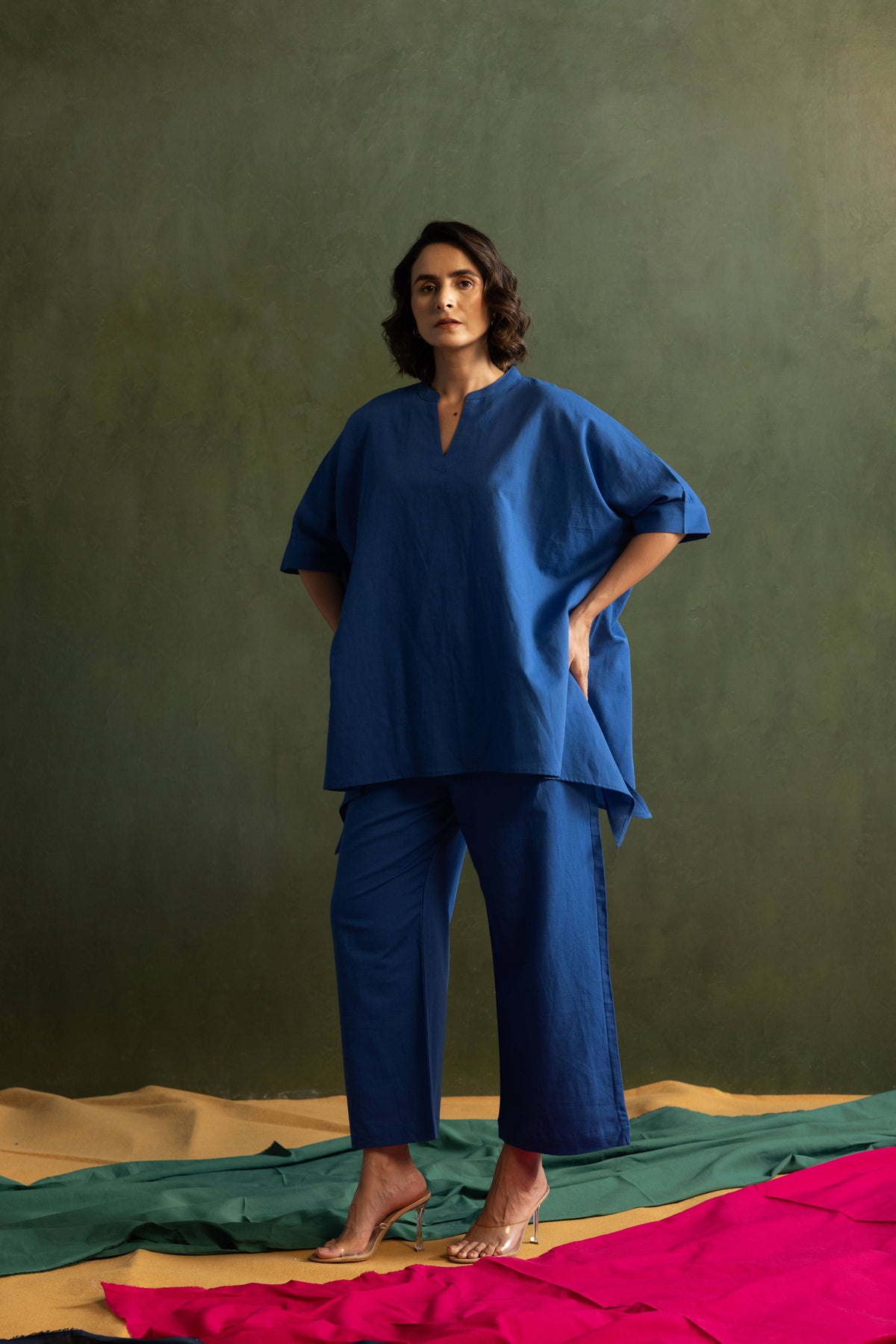 Royal Blue Cotton Linen Kaftan Style Co-Ord Set