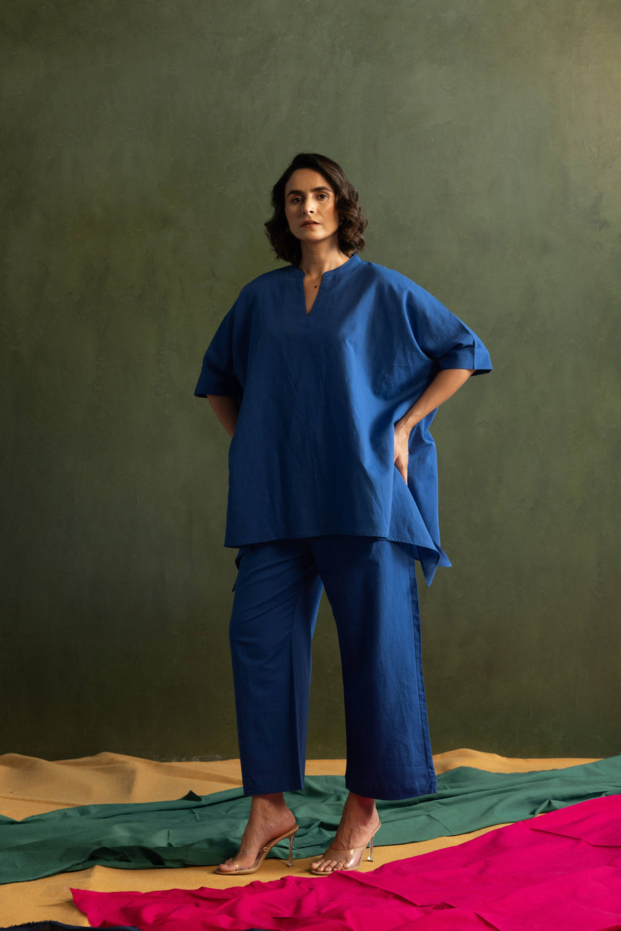 Royal Blue Cotton Linen Kaftan Style Co-Ord Set
