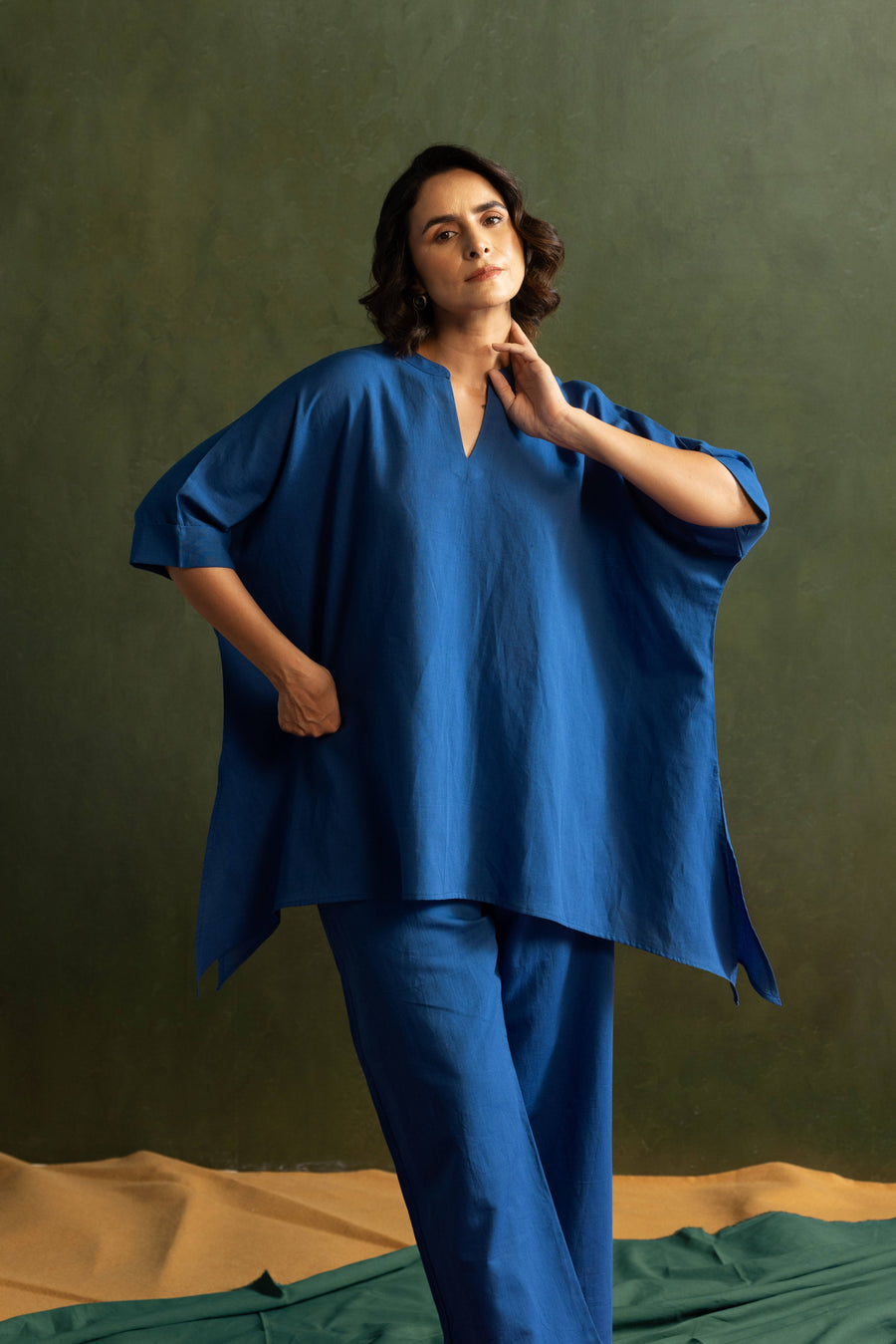 Royal Blue Cotton Linen Kaftan Style Co-Ord Set