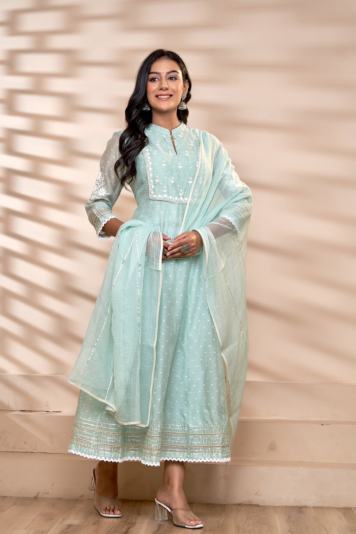 Sea Green Chanderi Thread Aari Embroidered Kalidaar Dupatta Set