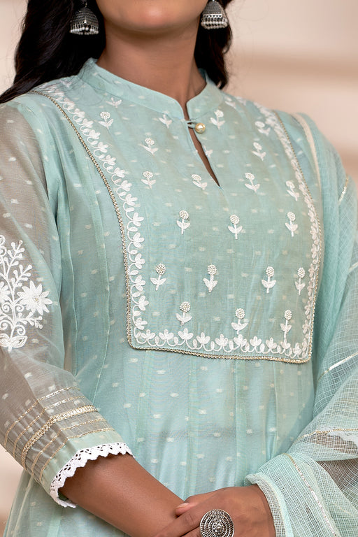 Sea Green Chanderi Thread Aari Embroidered Kalidaar Dupatta Set