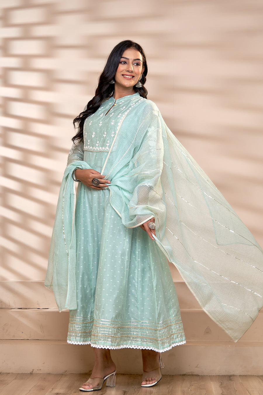 Sea Green Chanderi Thread Aari Embroidered Kalidaar Dupatta Set