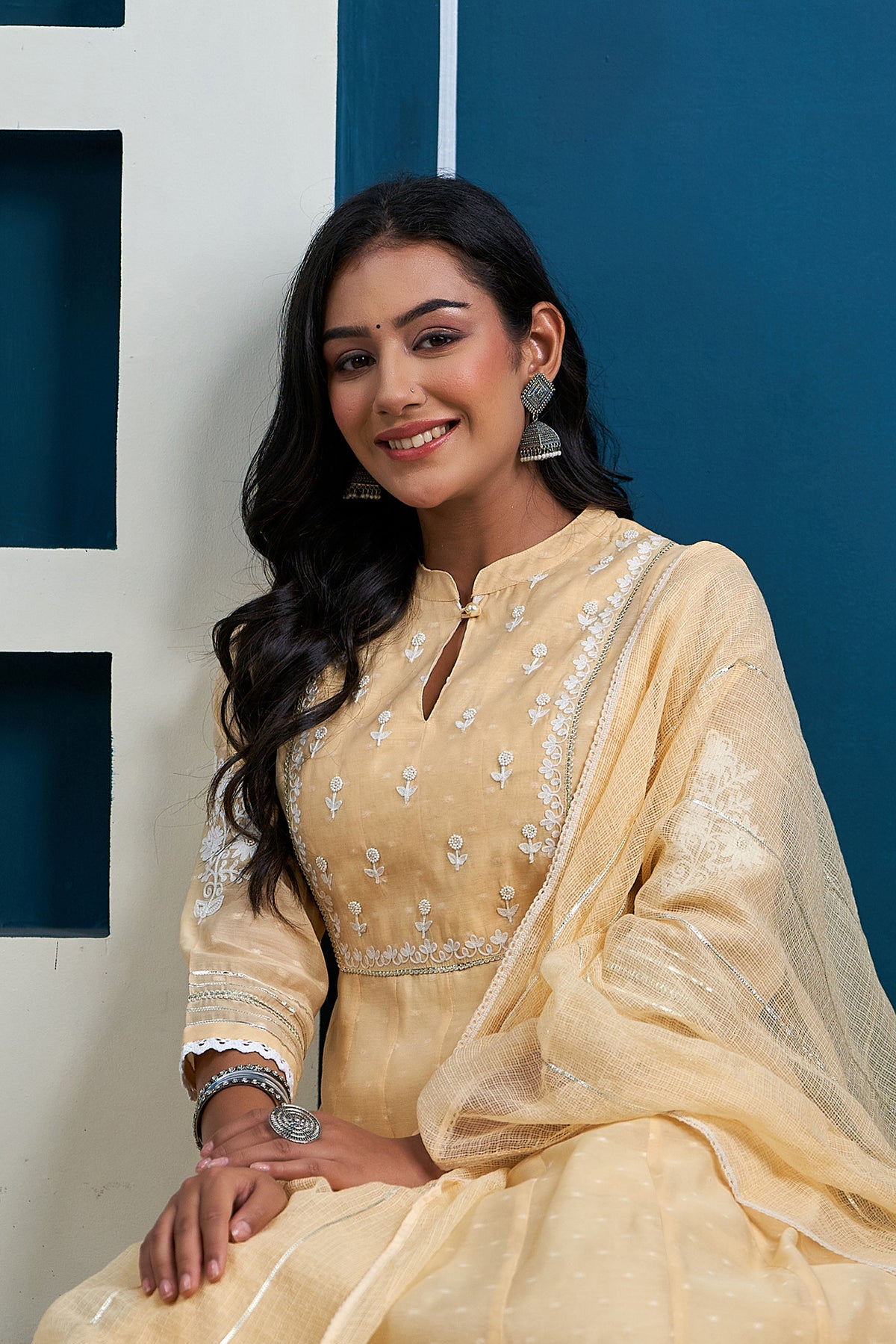 Butter Yellow Chanderi Thread Aari Embroidered Kalidaar Dupatta Set