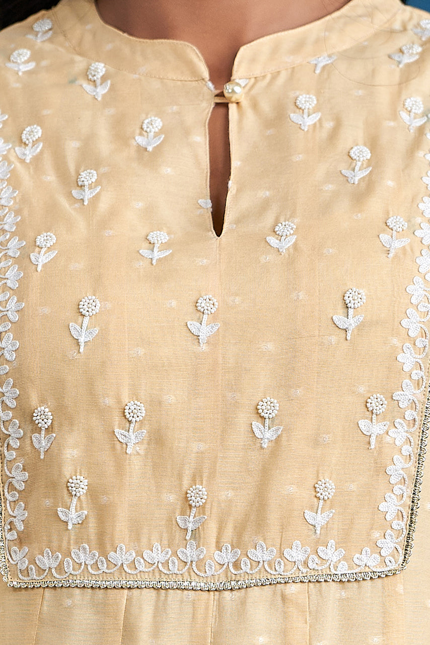 Butter Yellow Chanderi Thread Aari Embroidered Kalidaar Dupatta Set