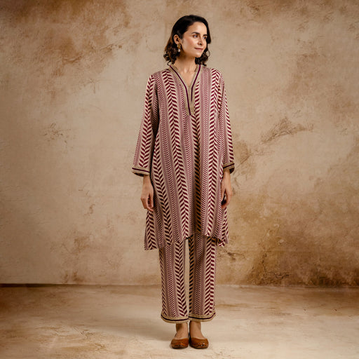 Wine Modal Co-Ord Set with Zari Lace on Neck and Sleeves