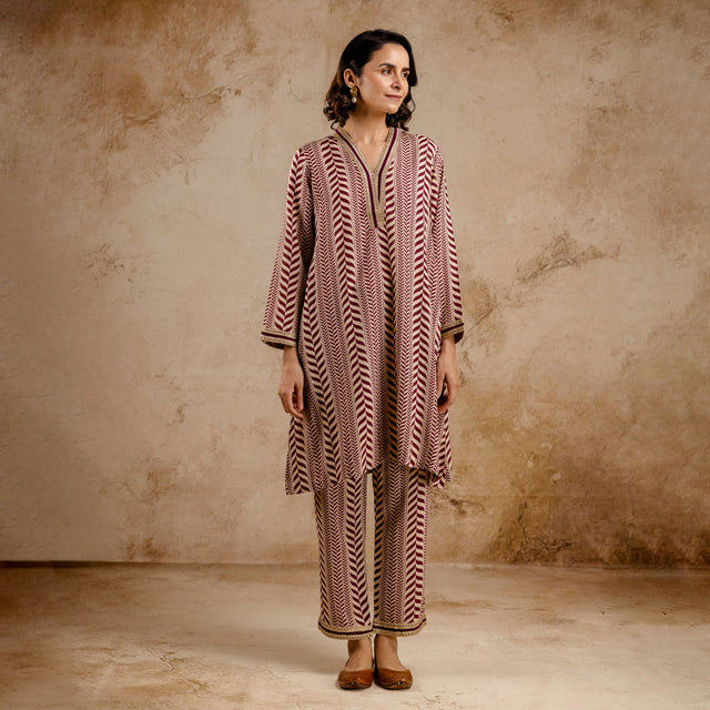 Wine Modal Co-Ord Set with Zari Lace on Neck and Sleeves