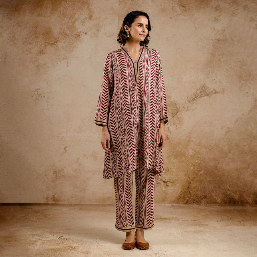 Wine Modal Co-Ord Set with Zari Lace on Neck and Sleeves