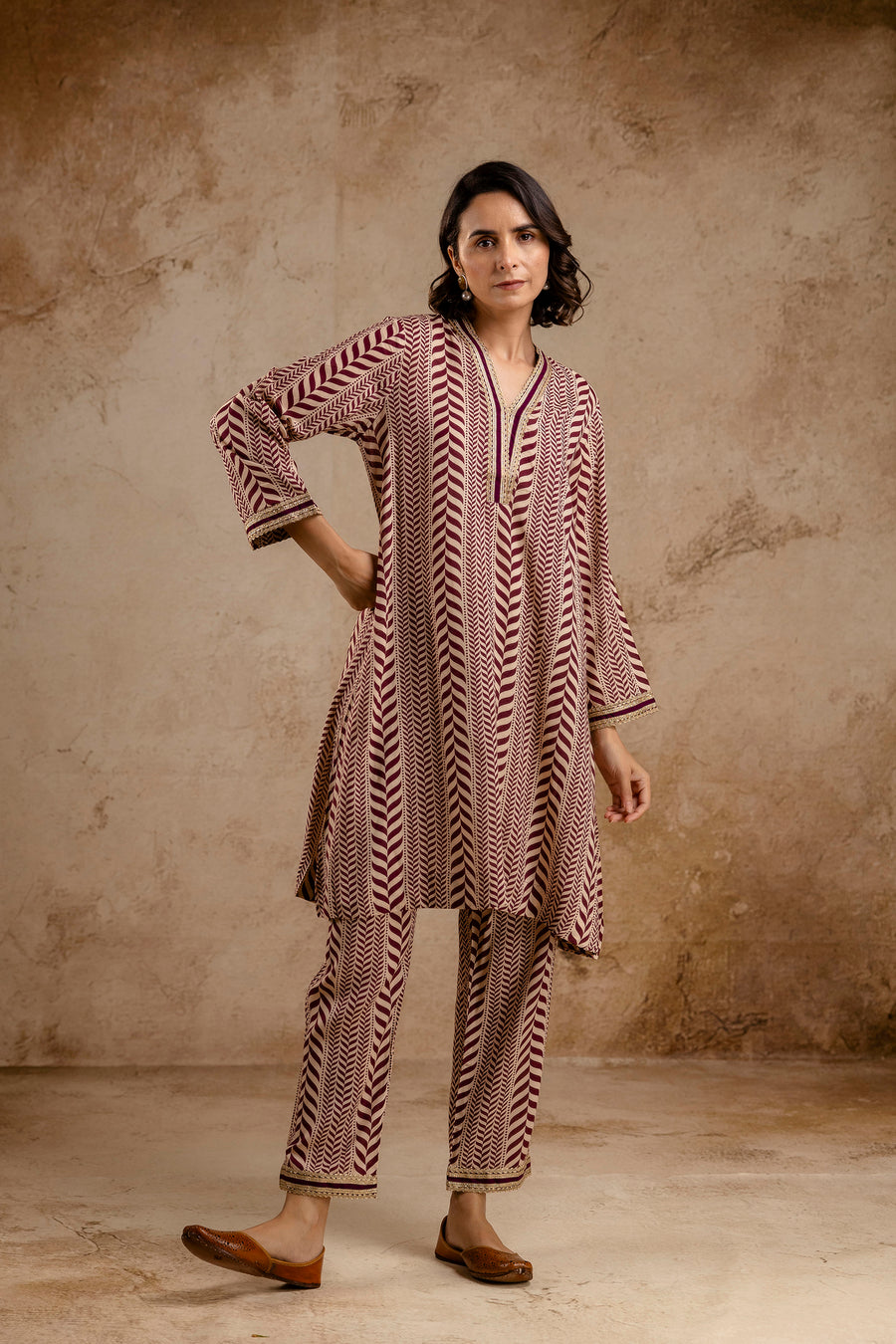 Wine Modal Co-Ord Set with Zari Lace on Neck and Sleeves