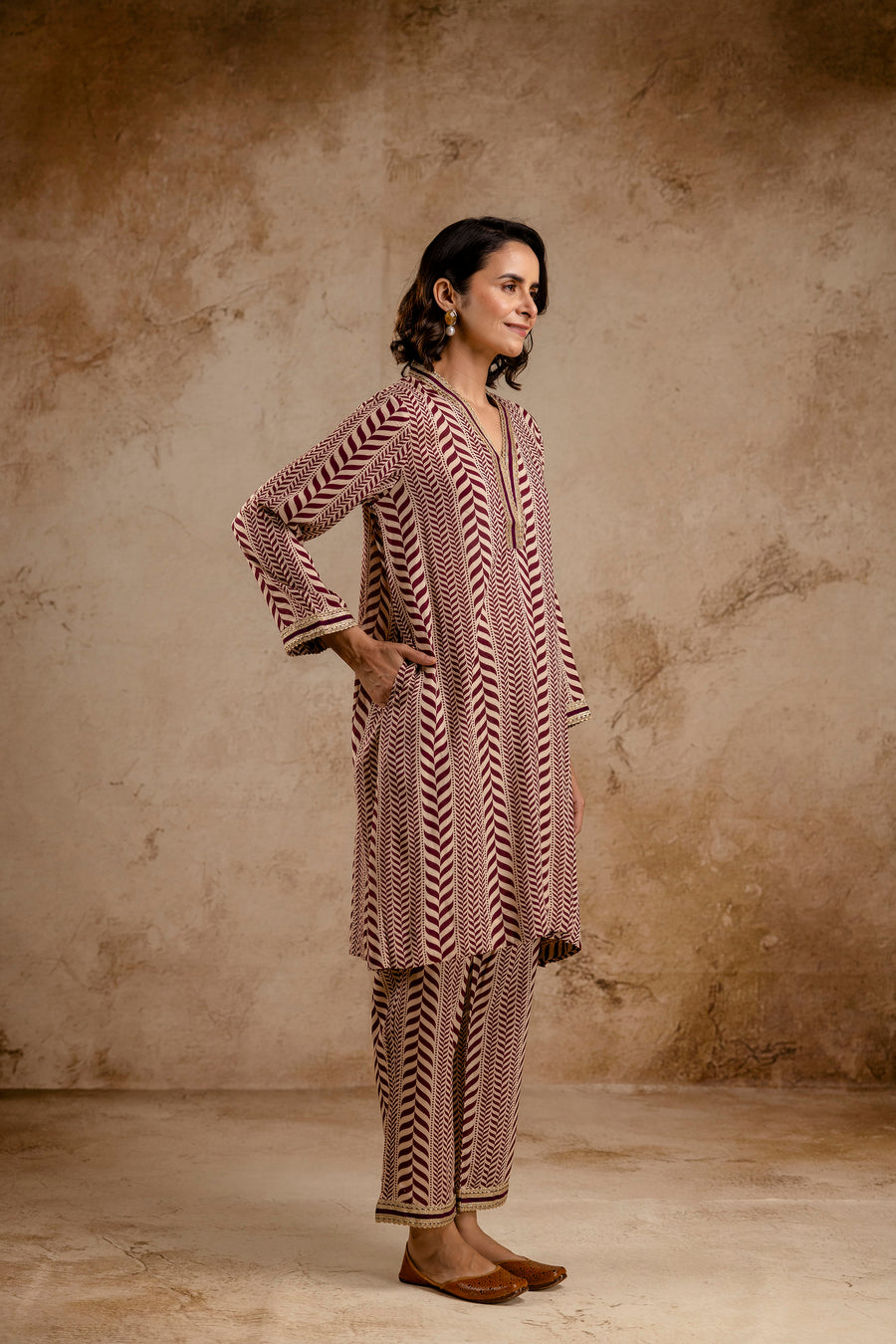 Wine Modal Co-Ord Set with Zari Lace on Neck and Sleeves