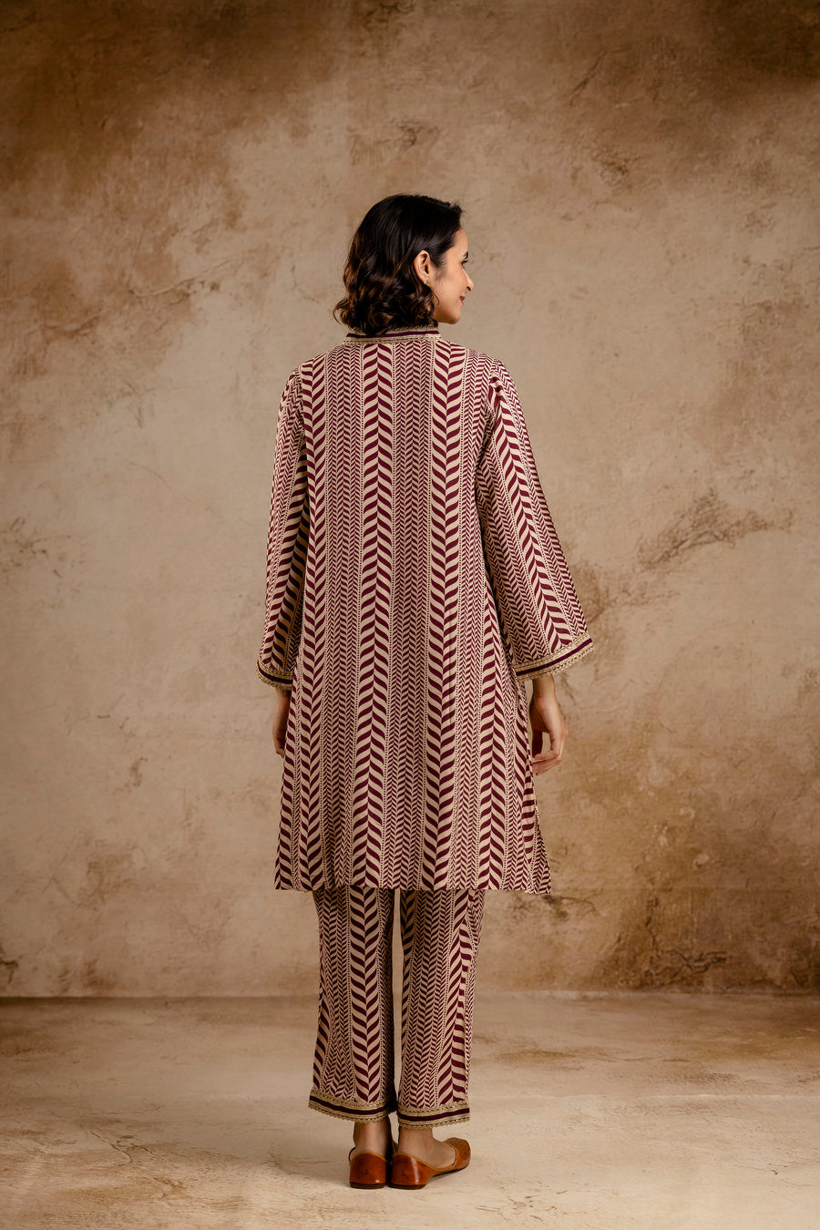 Wine Modal Co-Ord Set with Zari Lace on Neck and Sleeves