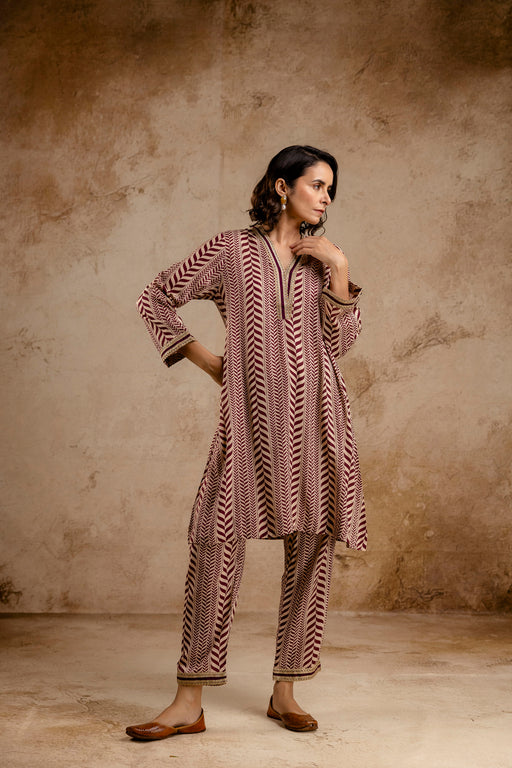 Wine Modal Co-Ord Set with Zari Lace on Neck and Sleeves