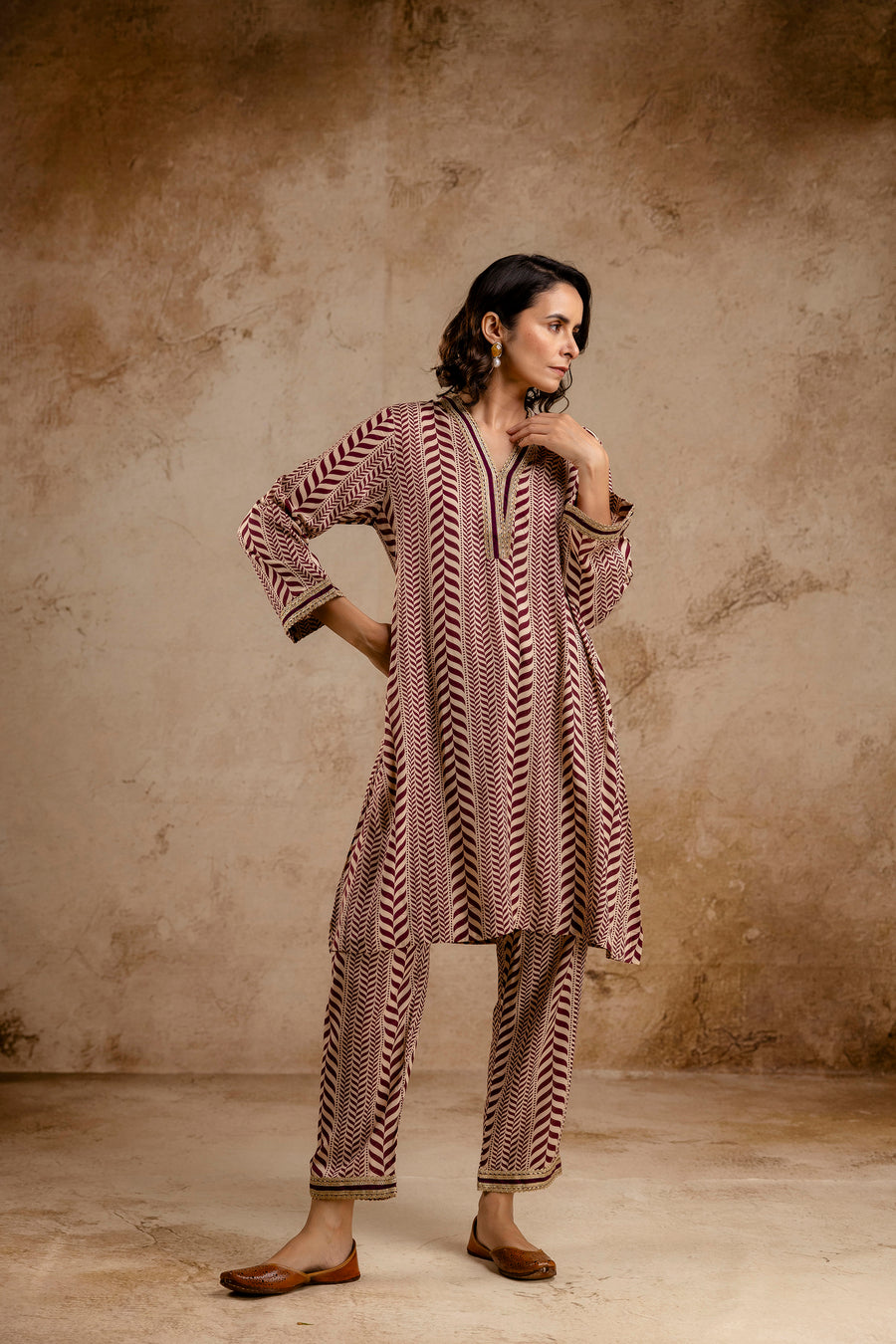 Wine Modal Co-Ord Set with Zari Lace on Neck and Sleeves