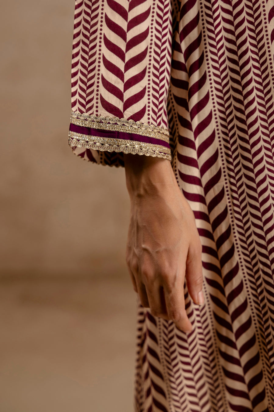 Wine Modal Co-Ord Set with Zari Lace on Neck and Sleeves