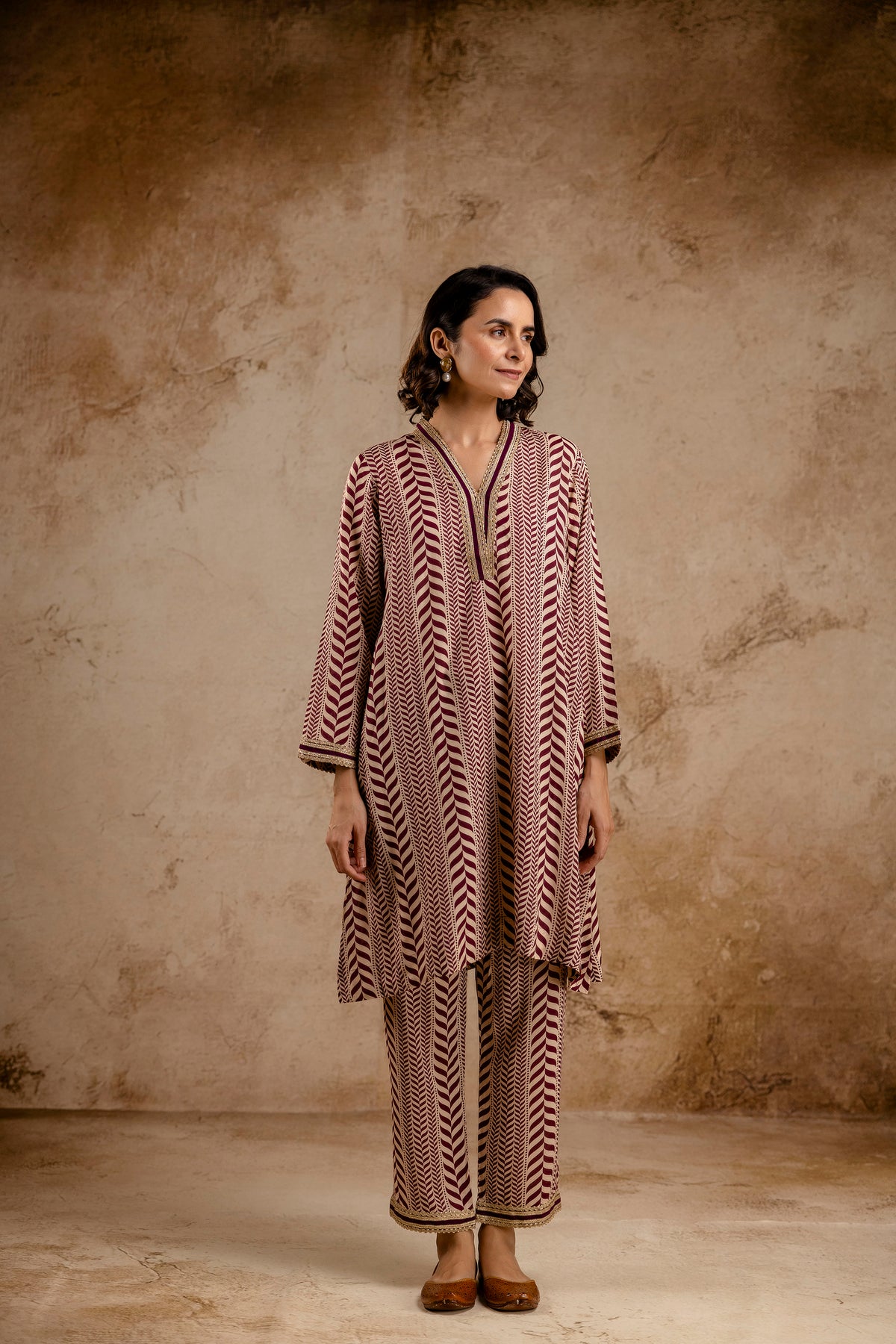 Wine Modal Co-Ord Set with Zari Lace on Neck and Sleeves