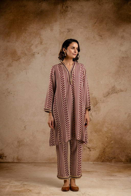 Wine Modal Co-Ord Set with Zari Lace on Neck and Sleeves