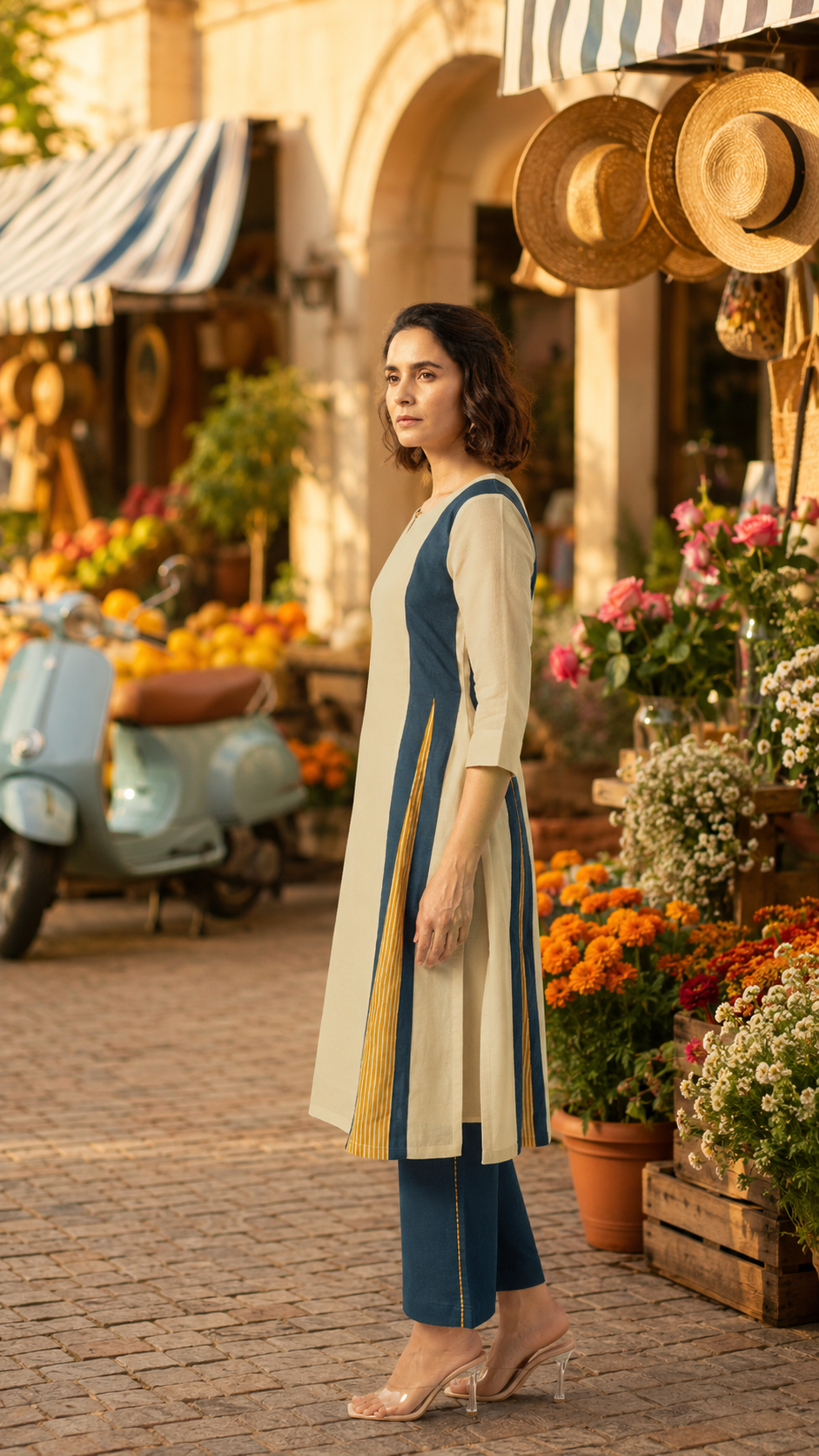 Beige Cotton Linen Kurta Pant Set in Color Block with Inner Lining
