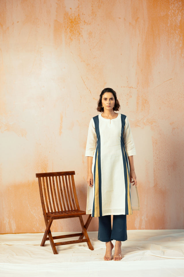 Cream Cotton Linen Kurta Pant Set in Color Block with Inner Lining