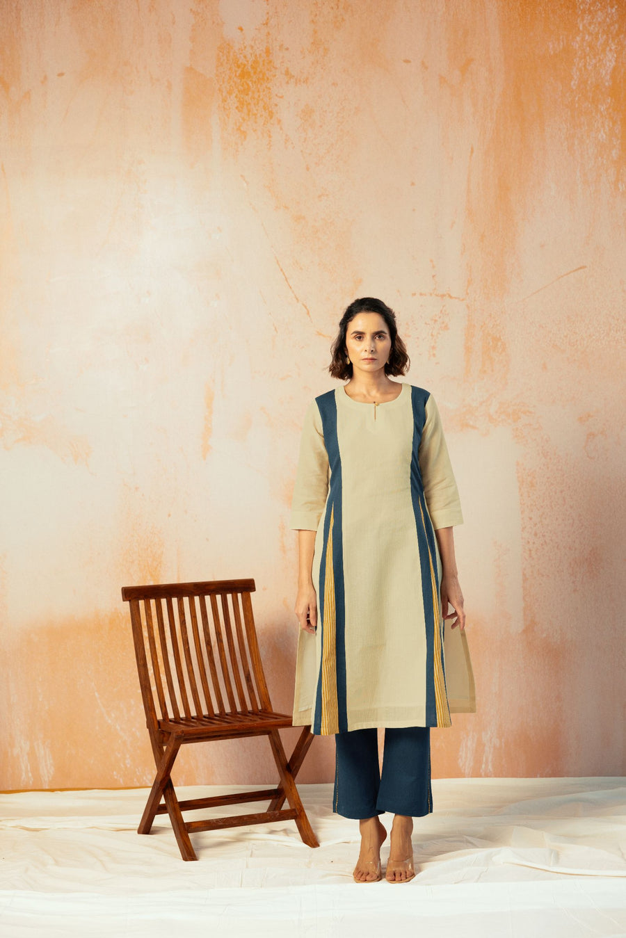 Beige Cotton Linen Kurta Pant Set in Color Block with Inner Lining