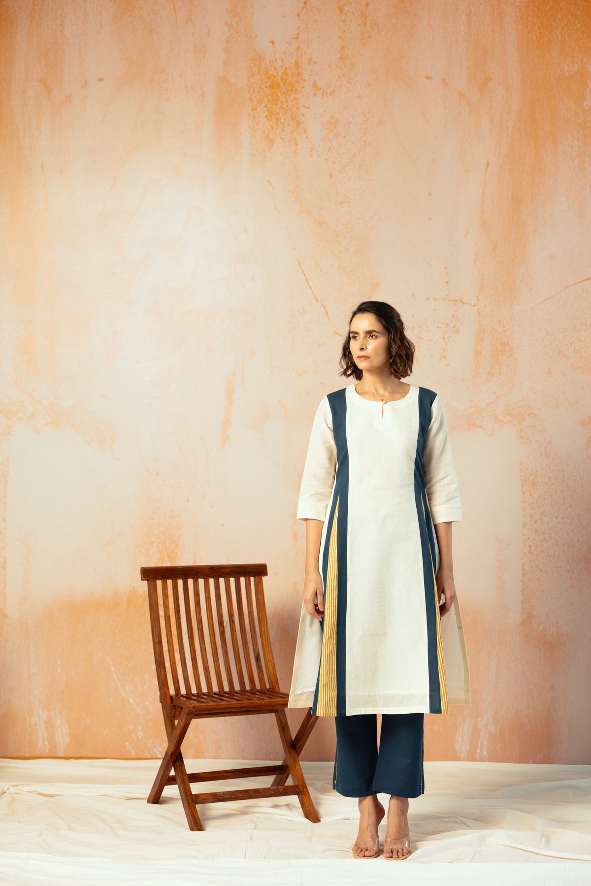Cream Cotton Linen Kurta Pant Set in Color Block with Inner Lining