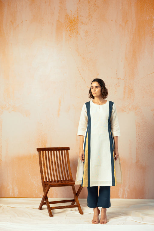 Cream Cotton Linen Kurta Pant Set in Color Block with Inner Lining