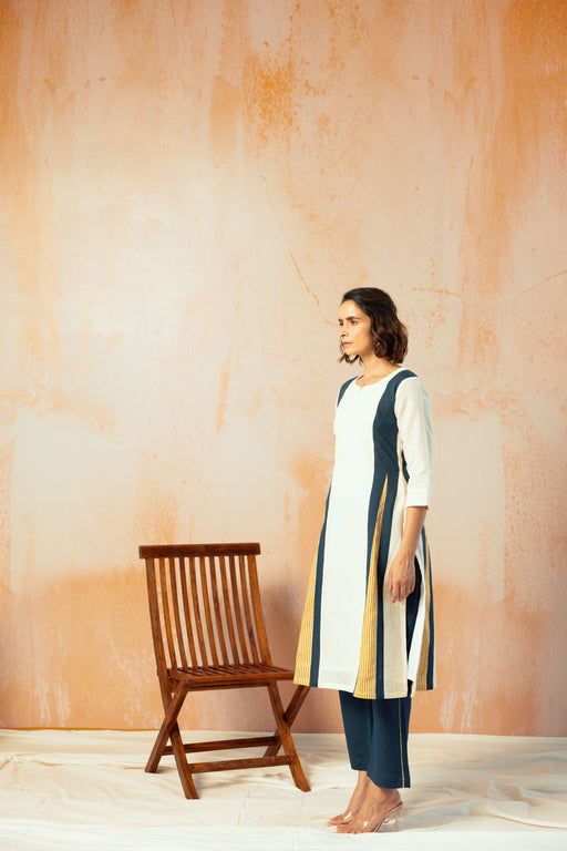 Cream Cotton Linen Kurta Pant Set in Color Block with Inner Lining