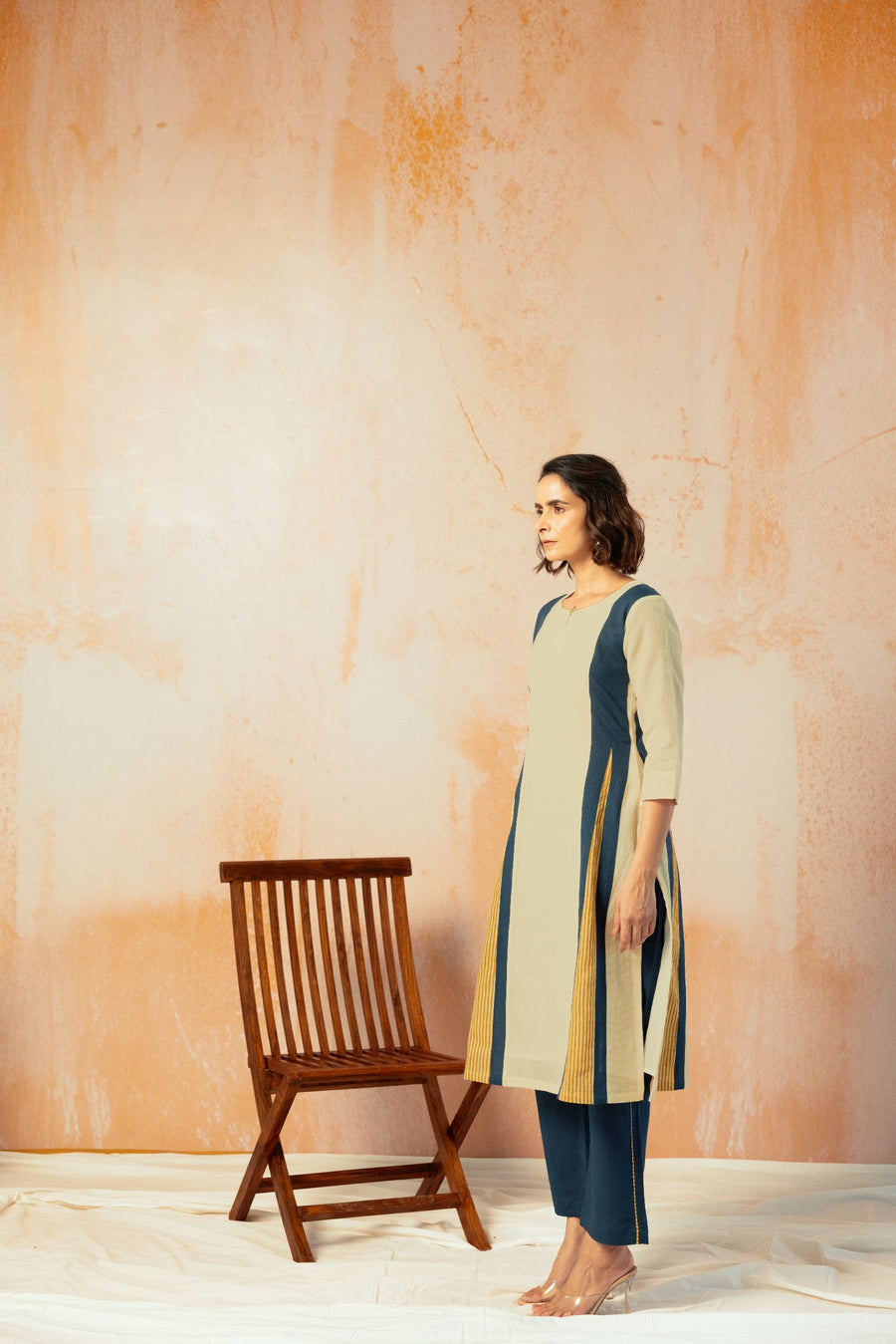 Beige Cotton Linen Kurta Pant Set in Color Block with Inner Lining