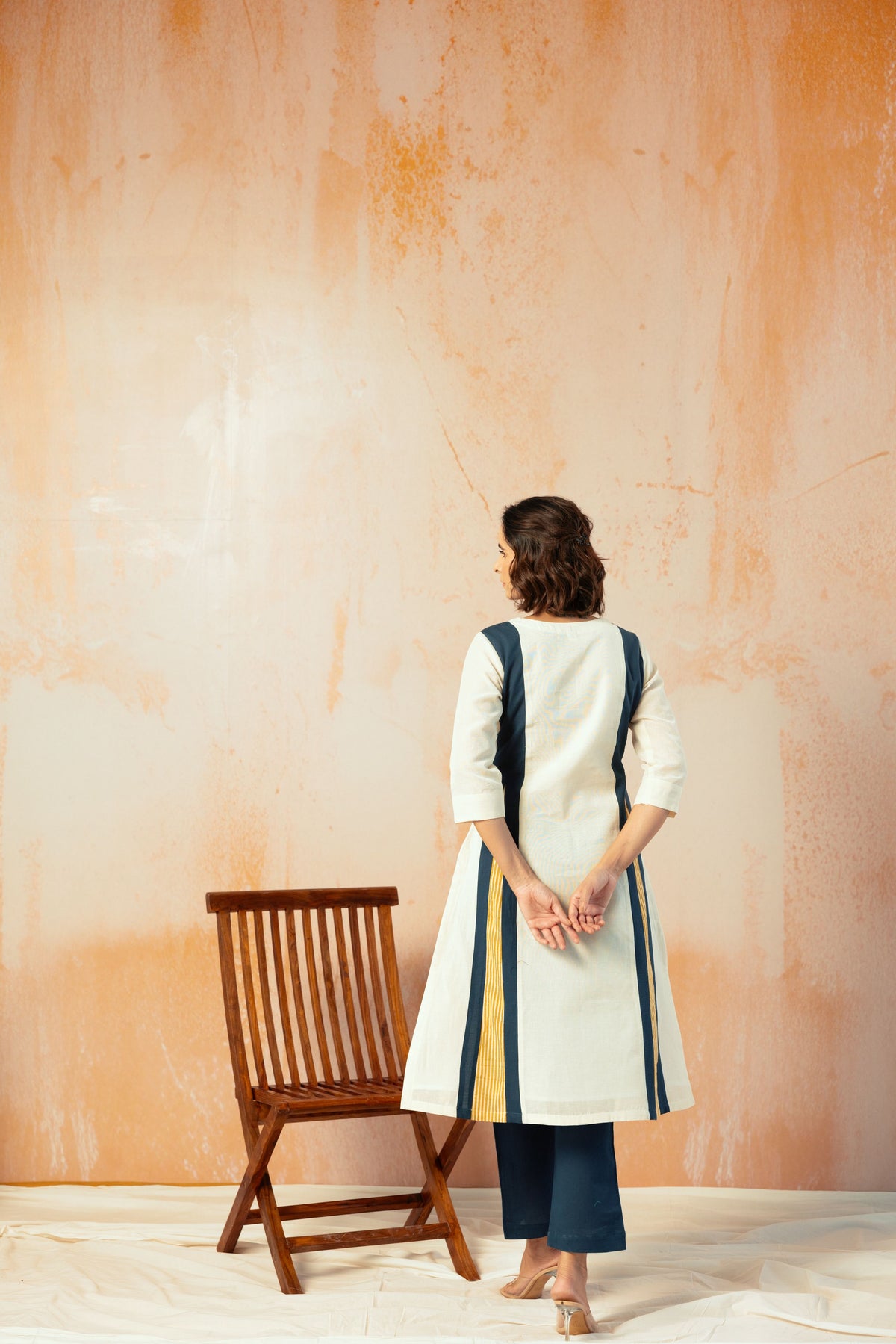 Cream Cotton Linen Kurta Pant Set in Color Block with Inner Lining