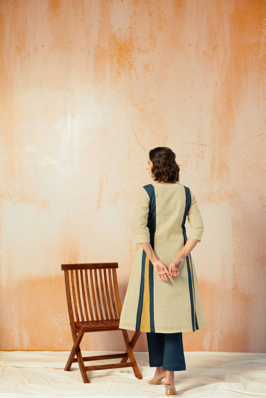 Beige Cotton Linen Kurta Pant Set in Color Block with Inner Lining