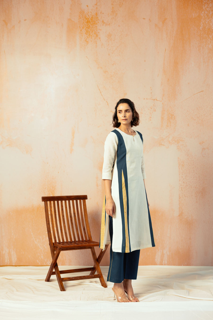 Cream Cotton Linen Kurta Pant Set in Color Block with Inner Lining
