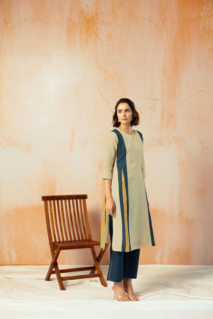 Beige Cotton Linen Kurta Pant Set in Color Block with Inner Lining
