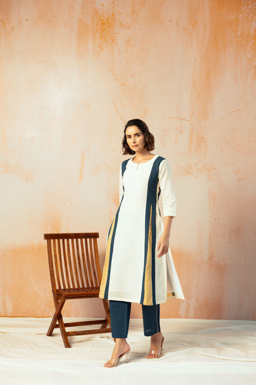 Cream Cotton Linen Kurta Pant Set in Color Block with Inner Lining