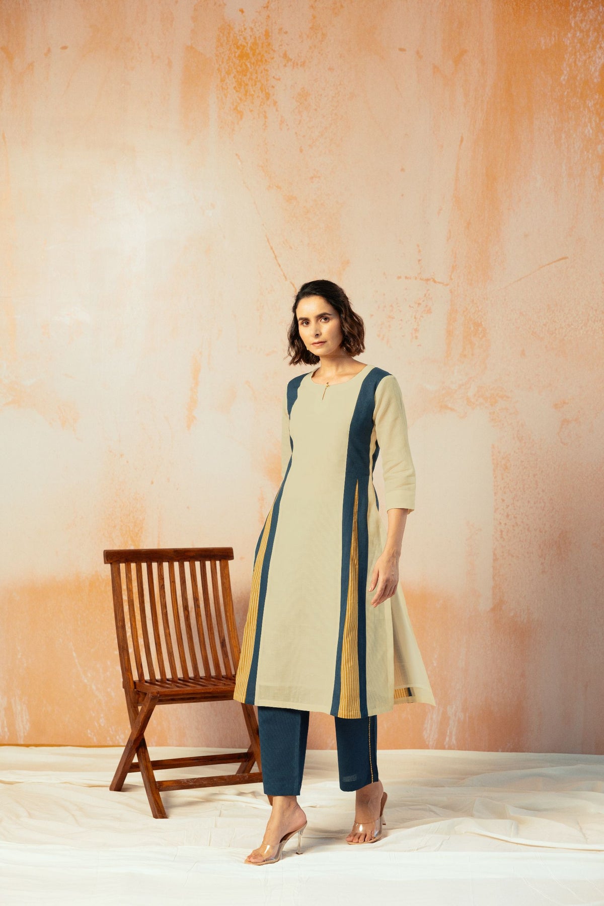 Beige Cotton Linen Kurta Pant Set in Color Block with Inner Lining