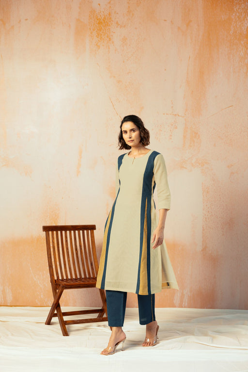 Beige Cotton Linen Kurta Pant Set in Color Block with Inner Lining