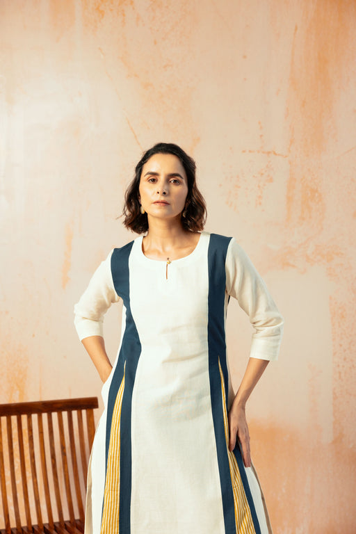 Cream Cotton Linen Kurta Pant Set in Color Block with Inner Lining