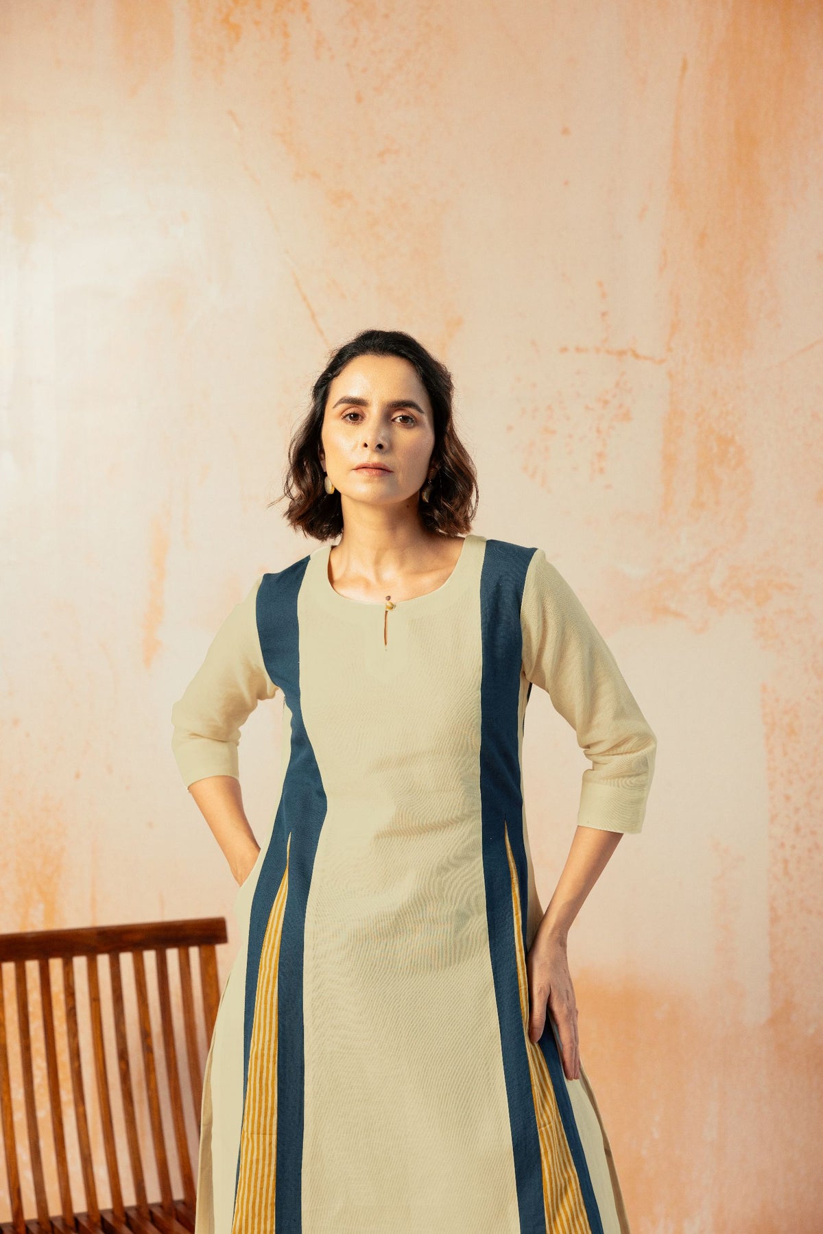 Beige Cotton Linen Kurta Pant Set in Color Block with Inner Lining