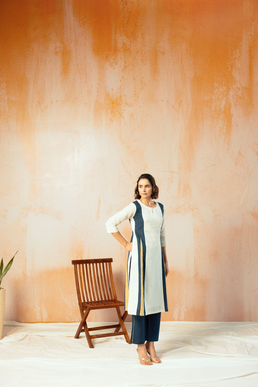 Cream Cotton Linen Kurta Pant Set in Color Block with Inner Lining