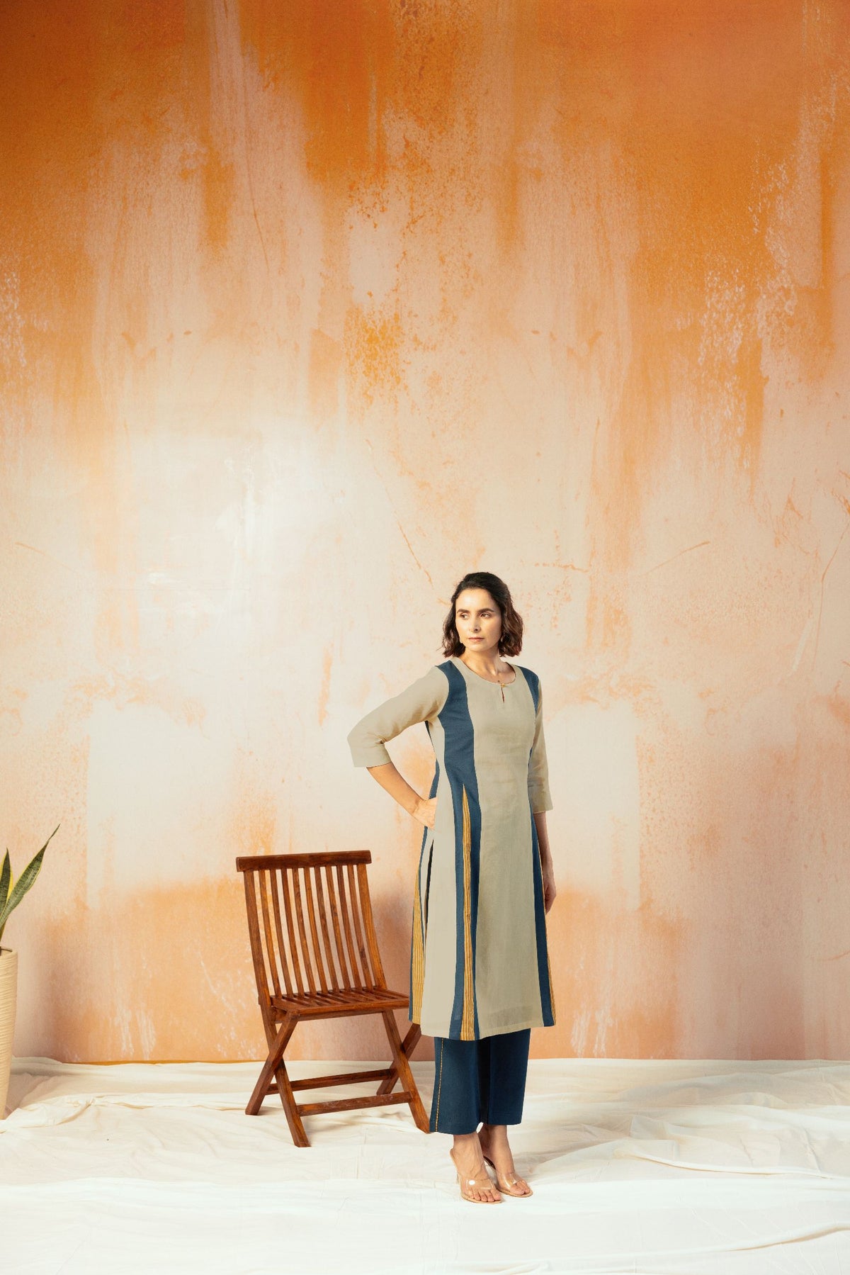 Beige Cotton Linen Kurta Pant Set in Color Block with Inner Lining