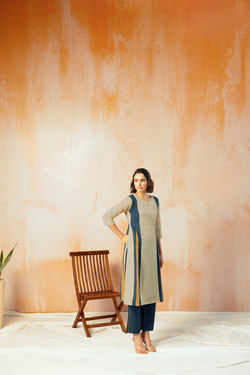 Beige Cotton Linen Kurta Pant Set in Color Block with Inner Lining