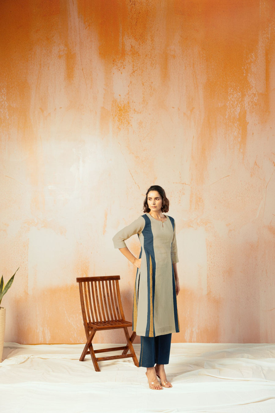 Beige Cotton Linen Kurta Pant Set in Color Block with Inner Lining