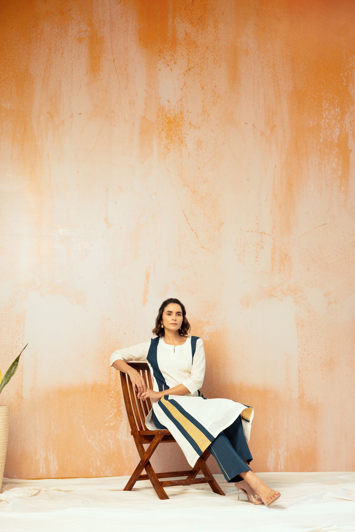 Cream Cotton Linen Kurta Pant Set in Color Block with Inner Lining