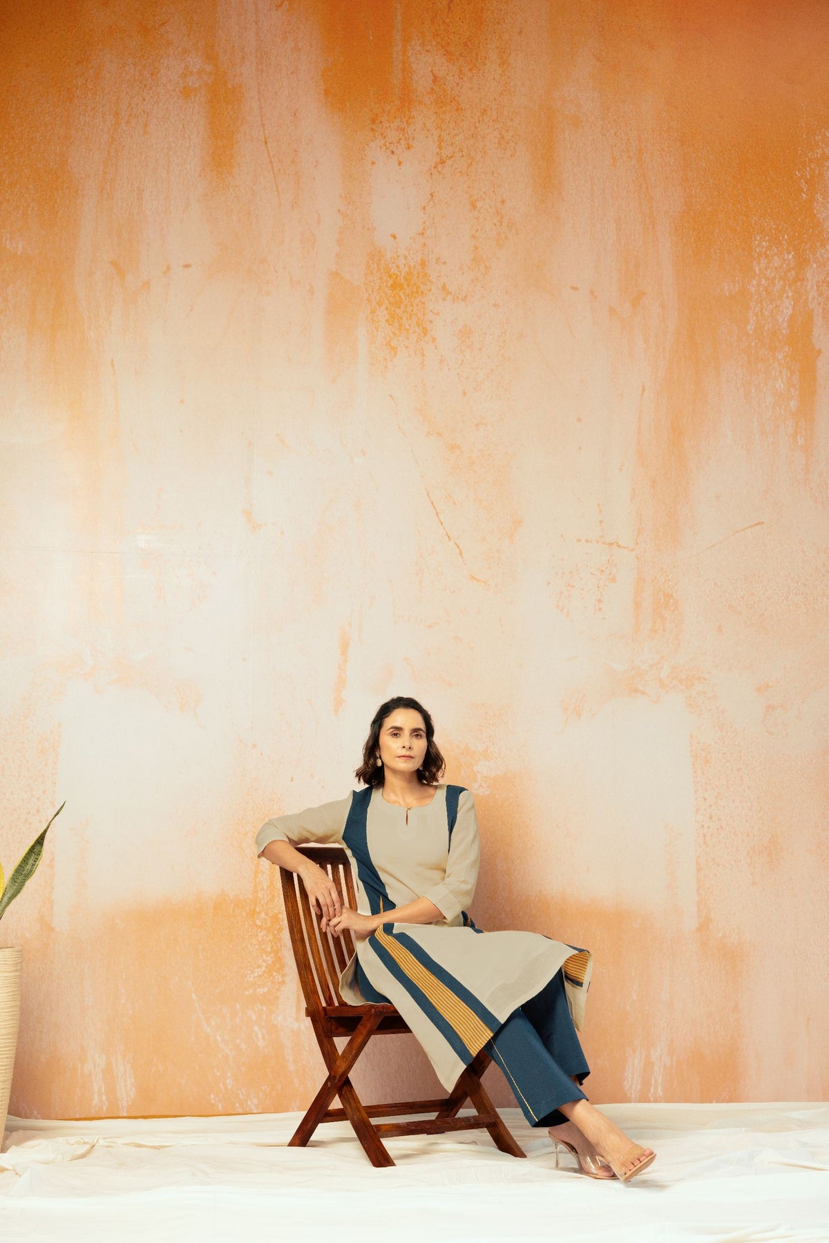 Beige Cotton Linen Kurta Pant Set in Color Block with Inner Lining