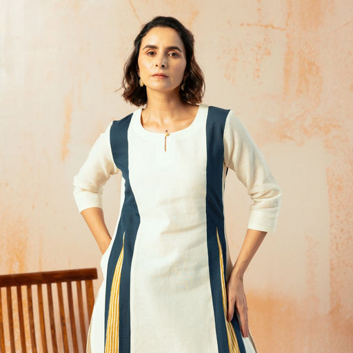 Cream Cotton Linen Kurta Pant Set in Color Block with Inner Lining